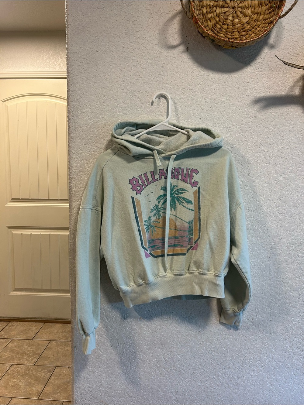 Billabong Light Seafoam Green Cropped Hoodie with Sunset Graphic